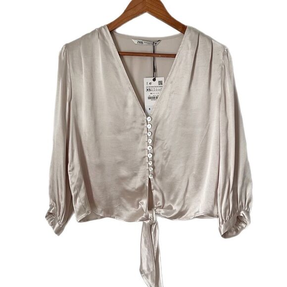 Zara Satin Effect Front Tie Knot Button Up Crop Top - Picture 2 of 9